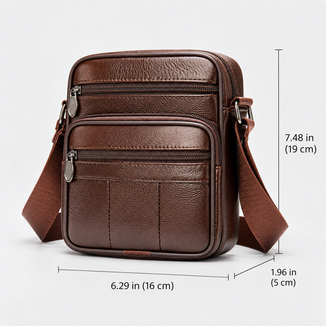 Brown leather crossbody bag with dimension markings showing 7.48 in height, 6