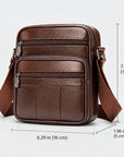 Brown leather crossbody bag with dimension markings showing 7.48 in height, 6