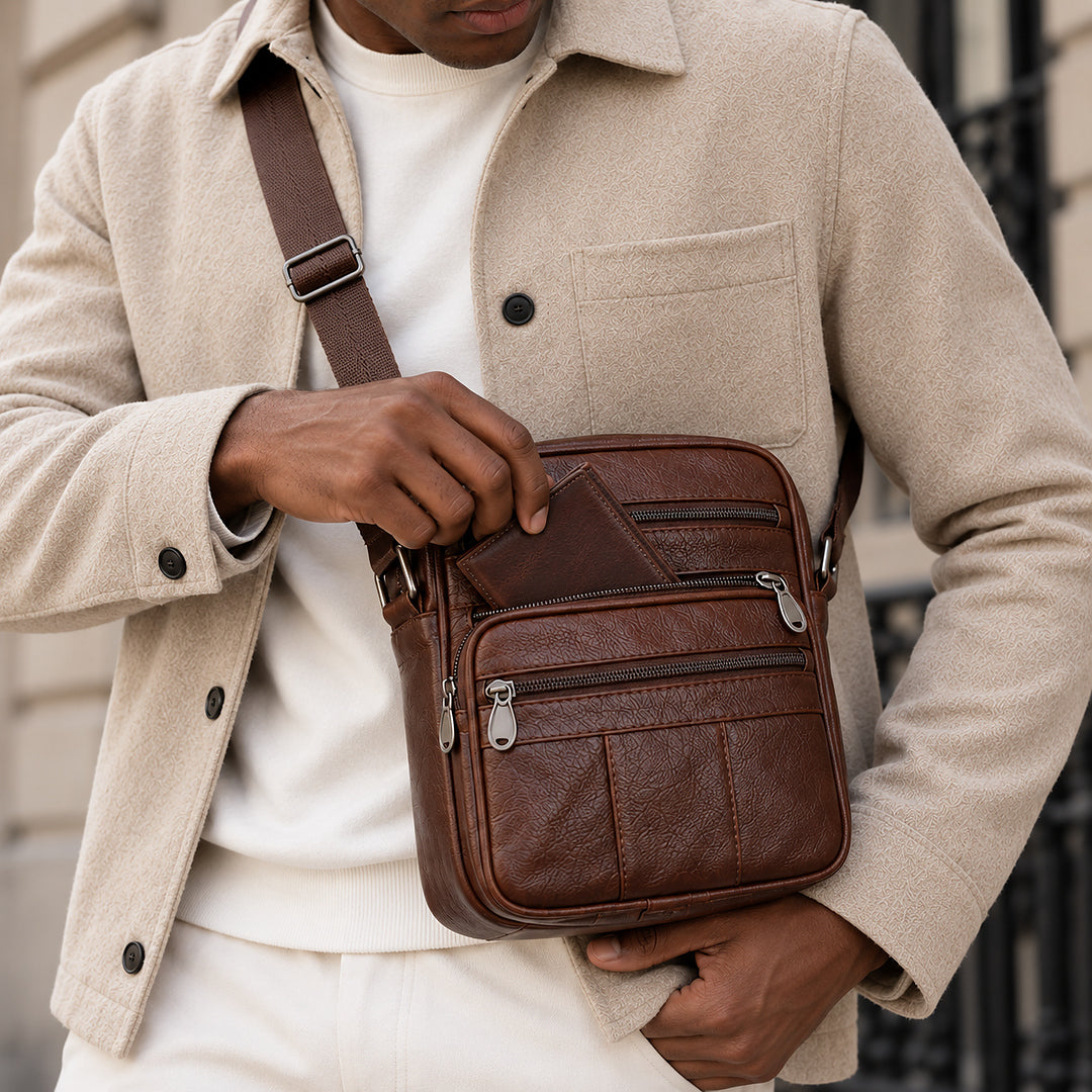 A man wearing a beige wool-blend jacket and white sweater carries a brown leather crossbody bag with multiple zippered compartments and a silver buckle.
