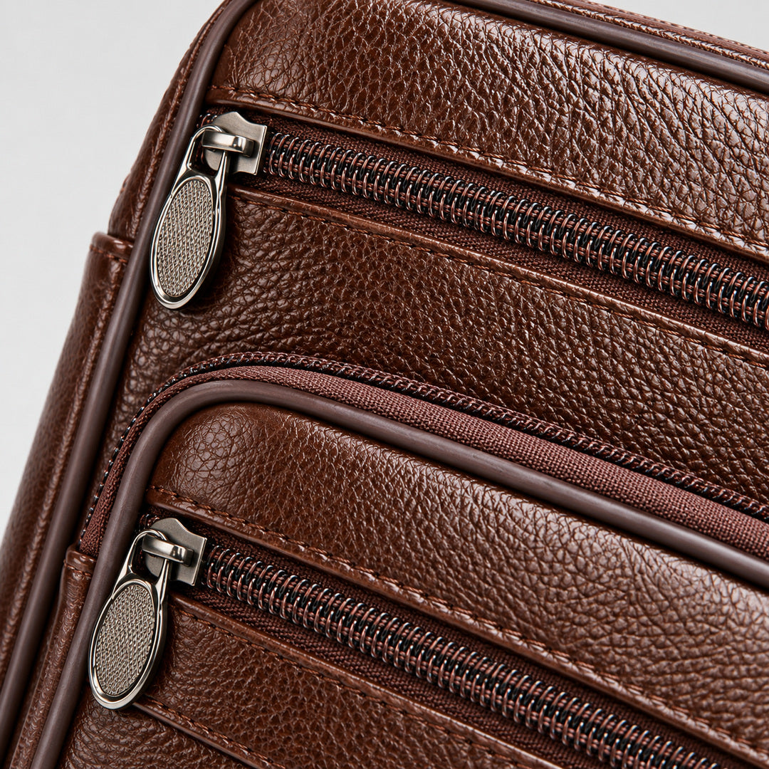 Close-up of a brown pebbled leather bag showing two silver-tone zippers with oval pull tabs and fine stitching.