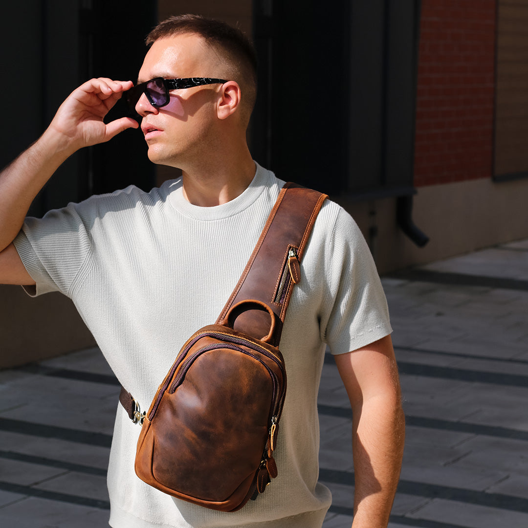 Men’s brown leather crossbody sling bag casual everyday style