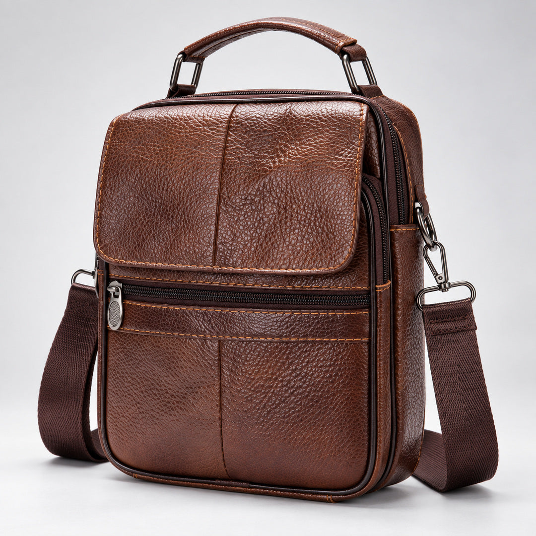 A brown textured leather crossbody bag with a top handle, front zippered pocket, and adjustable shoulder strap, photographed on a light gray studio background.