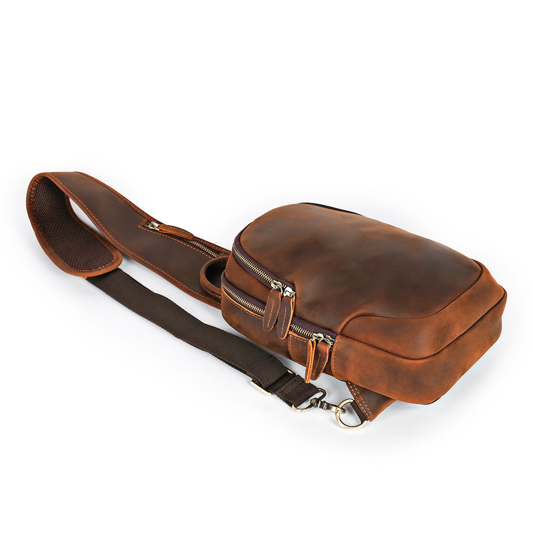 Men’s brown leather sling bag compact crossbody design