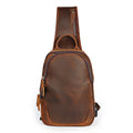 Front view of men’s brown leather sling bag with shoulder strap