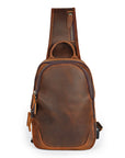 Front view of men’s brown leather sling bag with shoulder strap