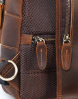 Men’s brown leather sling bag close up zipper detail