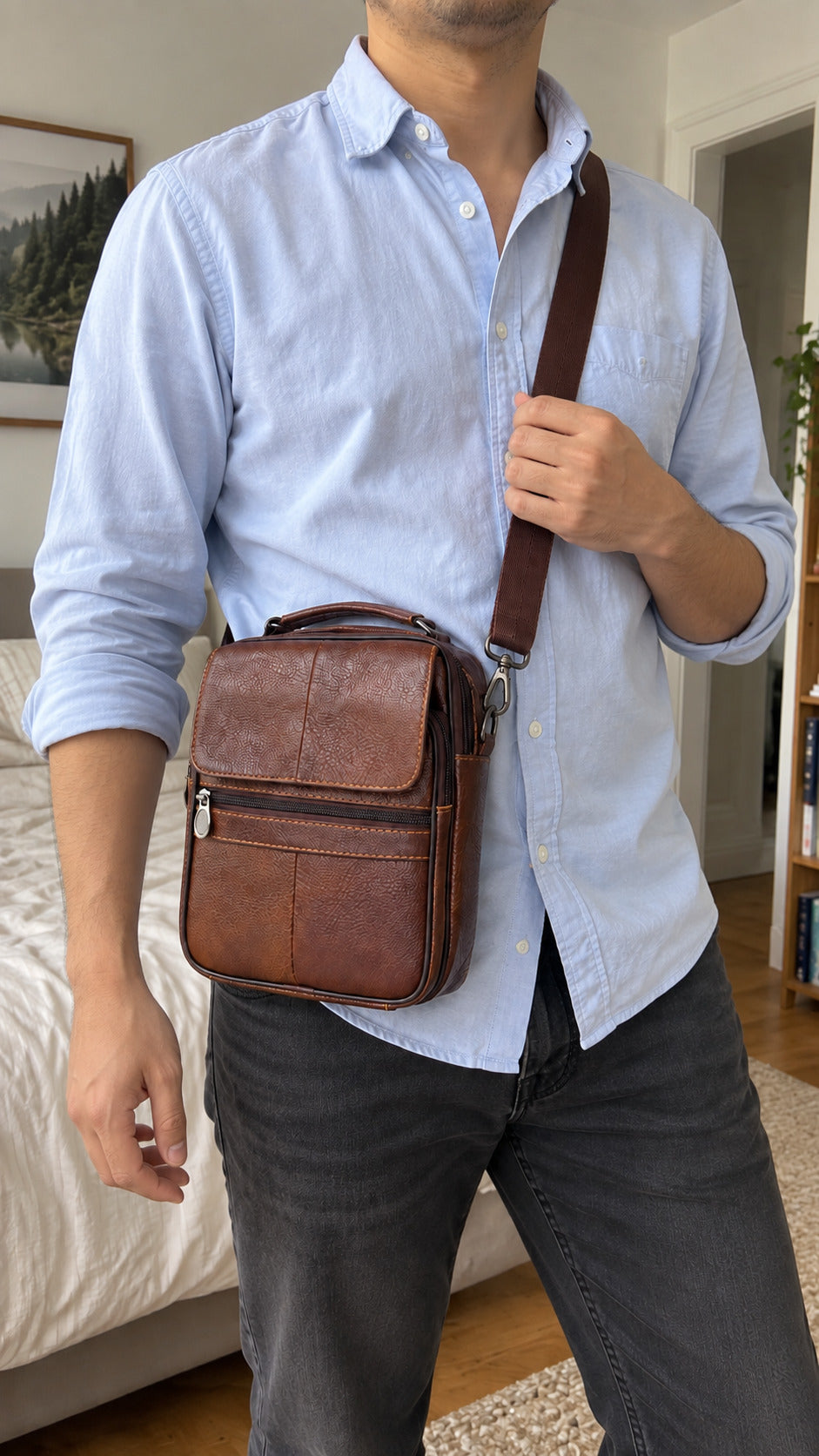 A man wearing a light blue button-down shirt and dark gray jeans carries a brown leather crossbody bag with a matching strap in a bedroom setting.