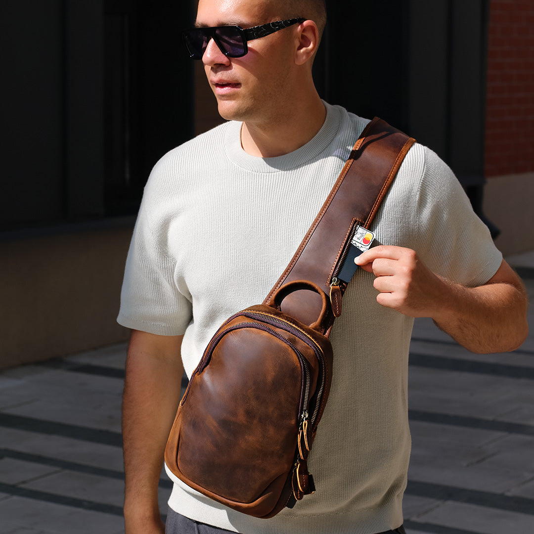 Men’s dark brown leather sling bag crossbody with strap pocket
