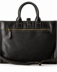 Men's black full-grain leather tote bag back with an exterior zip pocket and contrast stitching
