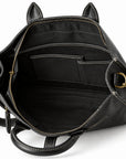 Men's black full-grain leather tote bag open interior with a large sleeve and two organizer pockets