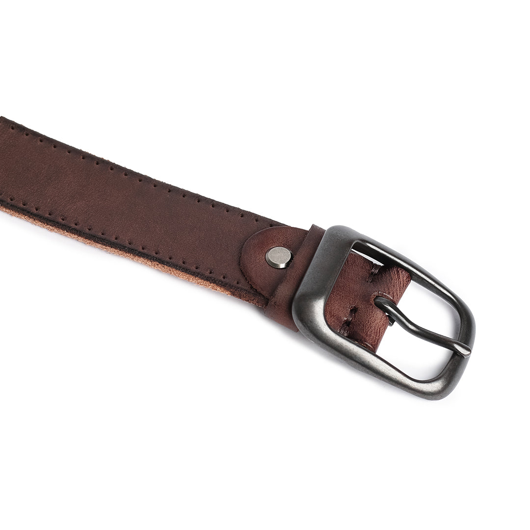 Flat view of a premium leather belt with visible buckle and hand-stitched details, ideal for pairing with jeans or trousers.