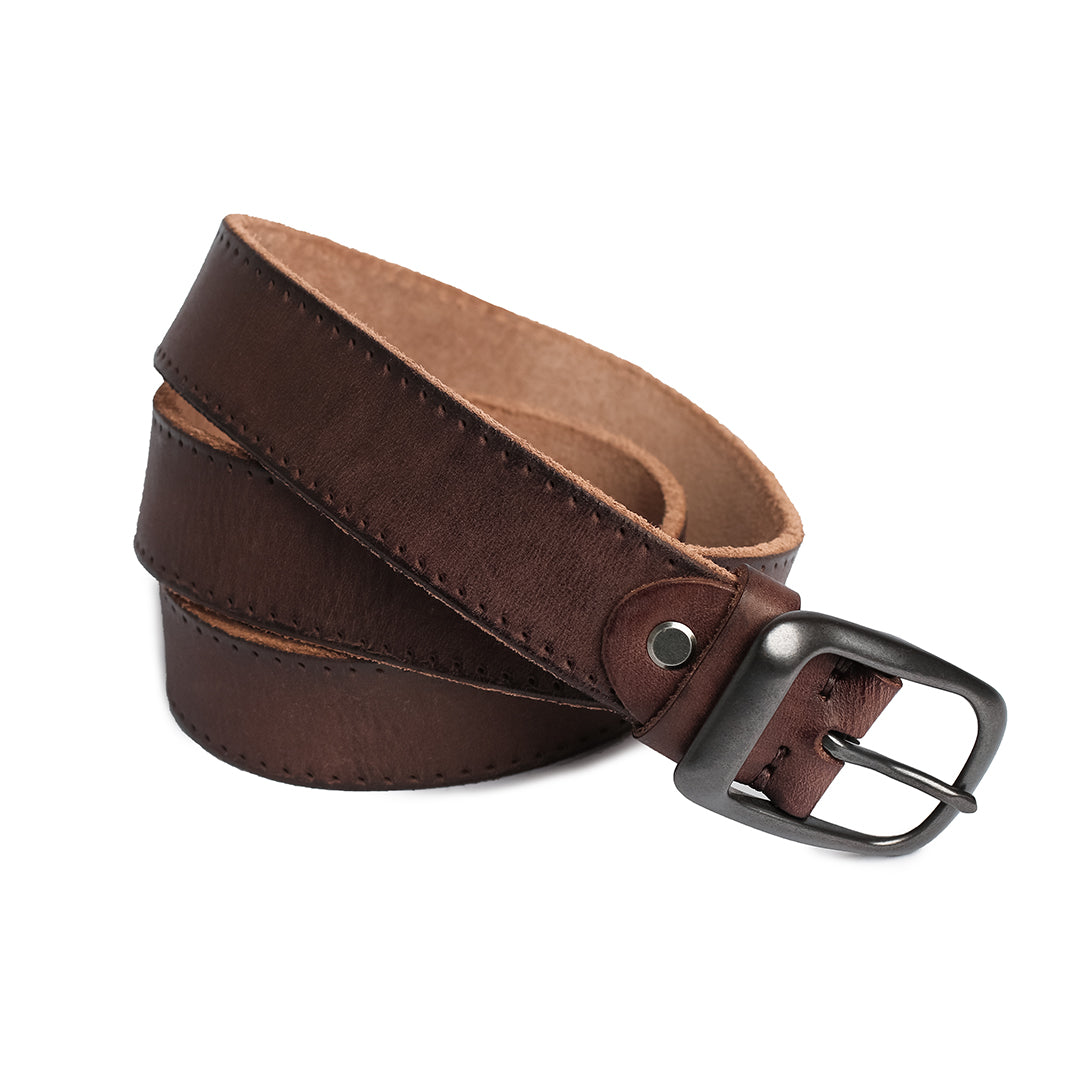 Angled view of a brown leather belt, showcasing its smooth texture and rugged buckle, perfect for casual outfits.