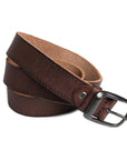 Angled view of a brown leather belt, showcasing its smooth texture and rugged buckle, perfect for casual outfits.