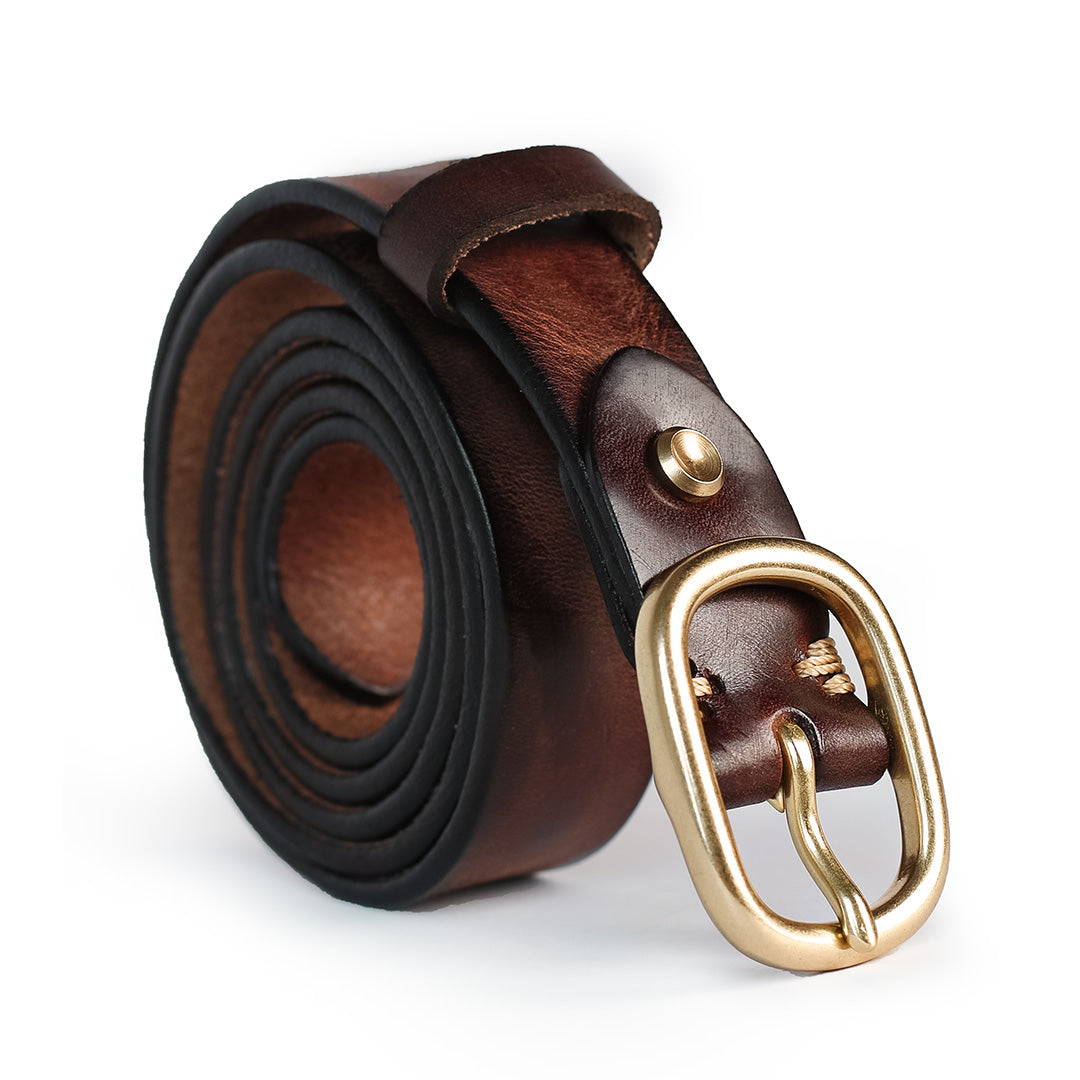 Brown leather belt with a gold buckle on a white background