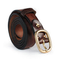 Brown leather belt with a gold buckle on a white background