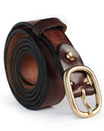 Brown leather belt with a gold buckle on a white background