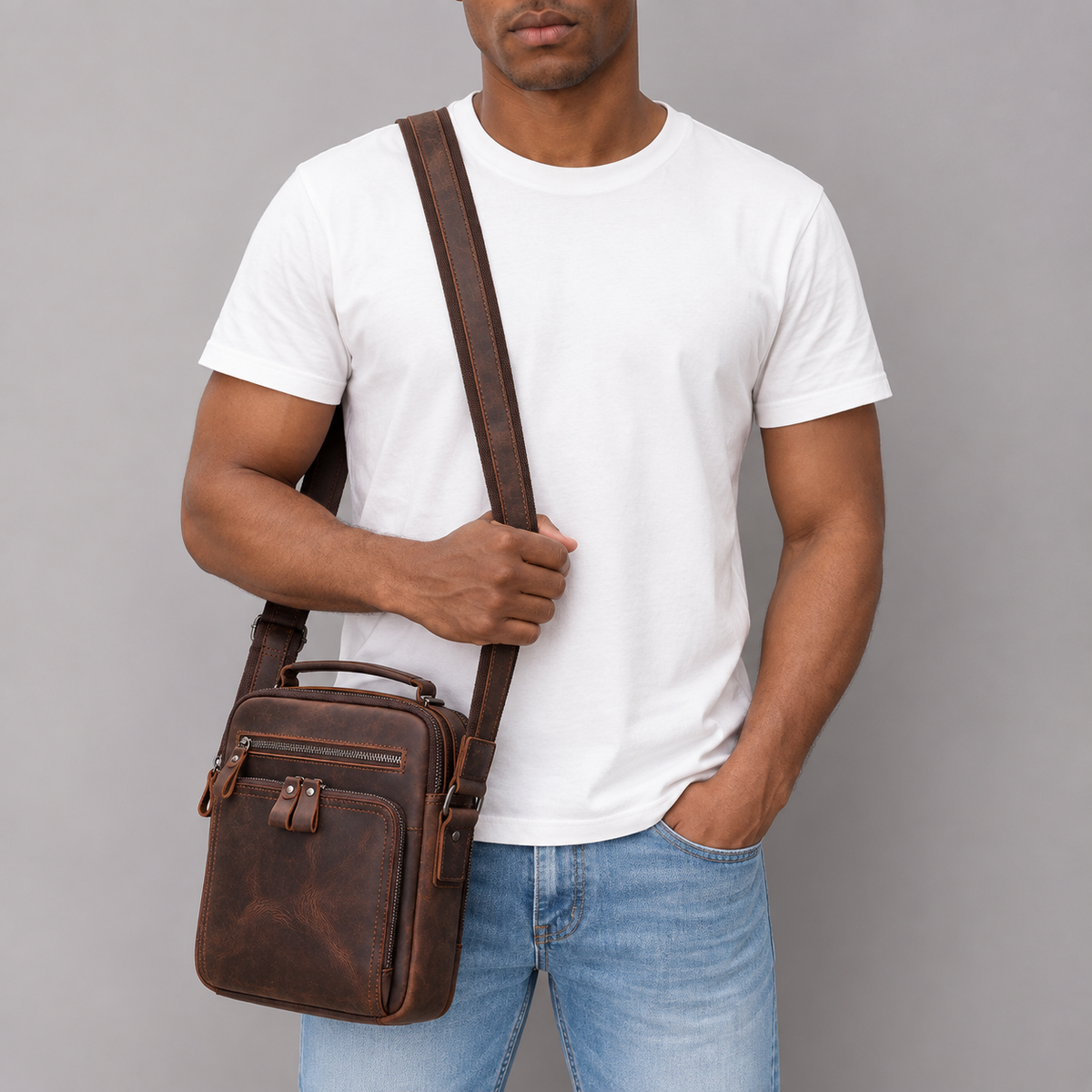 A man wearing a white t-shirt and blue jeans carries a brown leather crossbody bag with a top handle and adjustable shoulder strap against a solid gray background.
