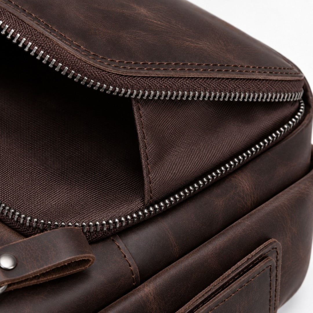 Close-up detail of a dark brown leather bag with an open zipper revealing a matching brown fabric interior, showing stitching and metal zipper teeth.