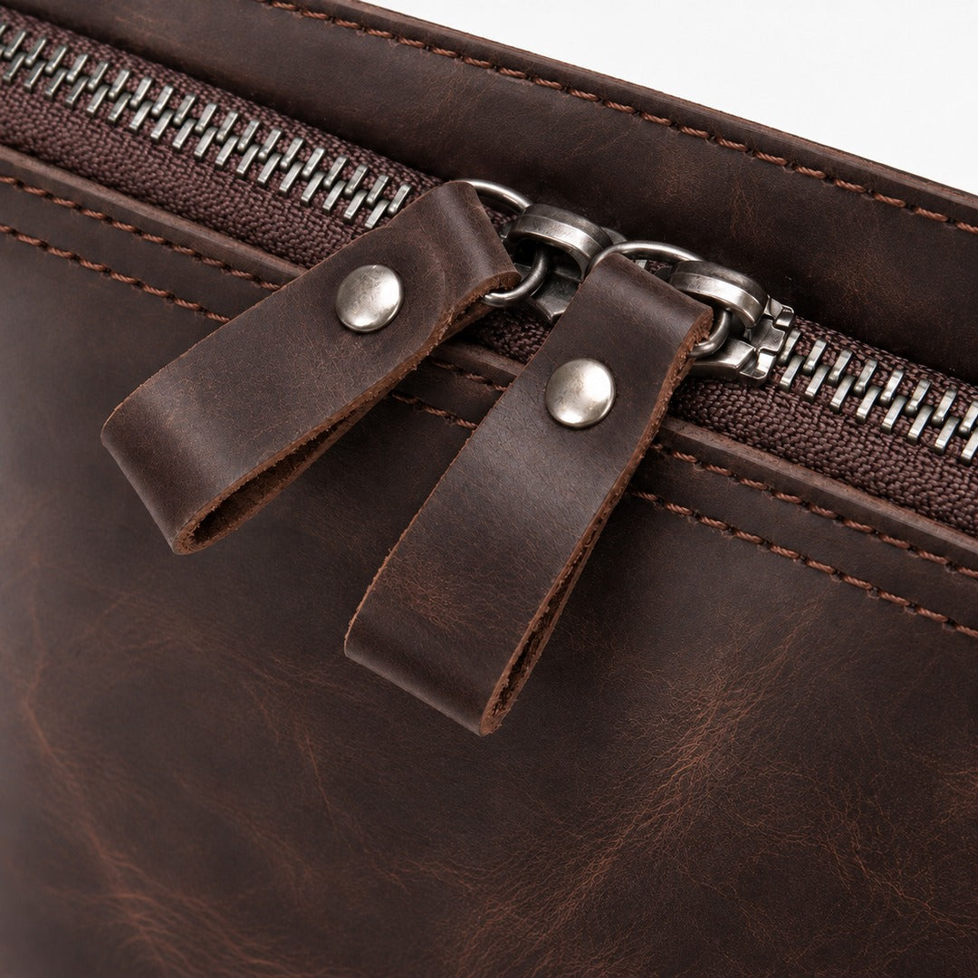 Close-up of a dark brown leather zippered pouch with two leather pull tabs and silver metal hardware.