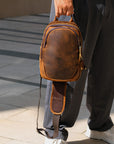 Men’s vintage brown leather crossbody sling bag with handle