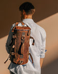 Model carrying a vintage leather backpack, handcrafted from durable Crazy Horse leather for style and practicality