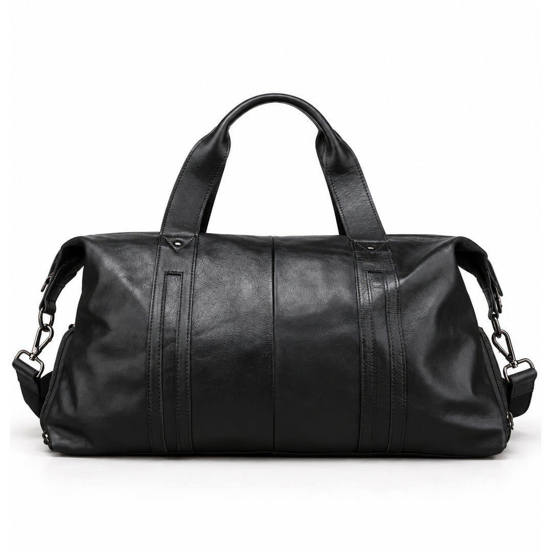 Modern black full-grain leather duffel bag rear view with stitched leather handle bands.