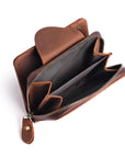 Open view of a brown leather wallet with multiple compartments and a durable zipper, designed for coins and cash