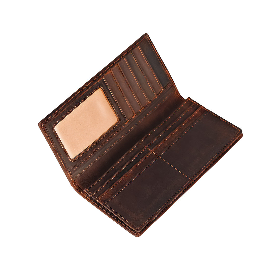 Brown leather wallet open on a white background