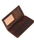 Brown leather wallet open on a white background