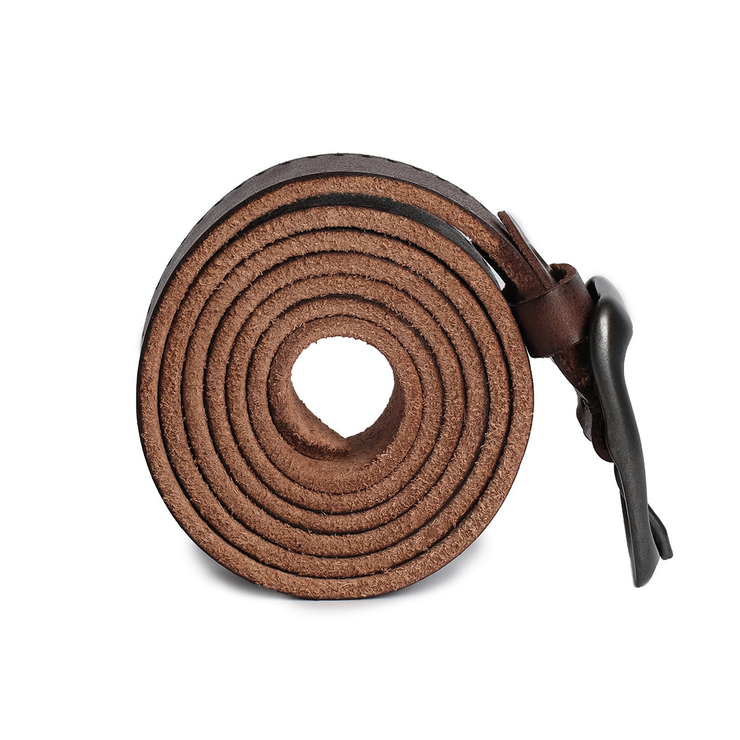 Rolled leather belt showcasing the soft interior and durable edges, emphasizing the handcrafted quality.