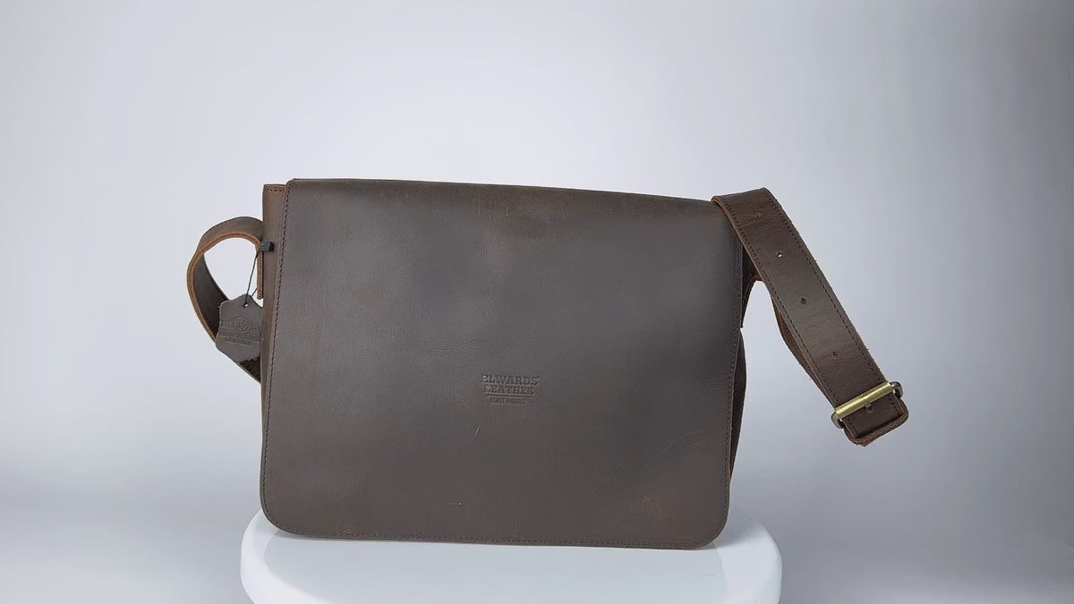 Video showcasing details and quality of brown leather satchel bag, men's leather shoulder bag, perfect for daily use.