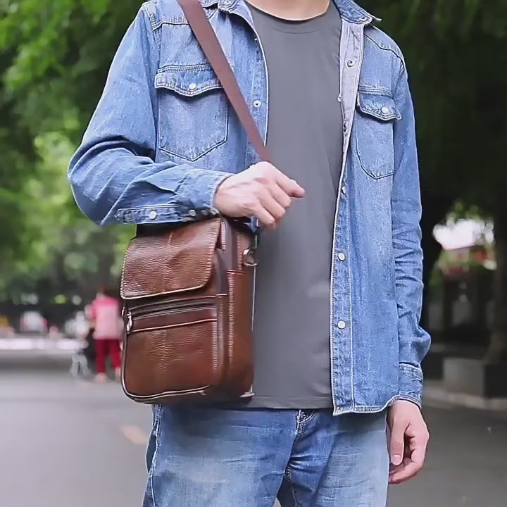 men showing brown casual leather messenger crossbody bag outfit
