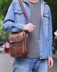 men showing brown casual leather messenger crossbody bag outfit