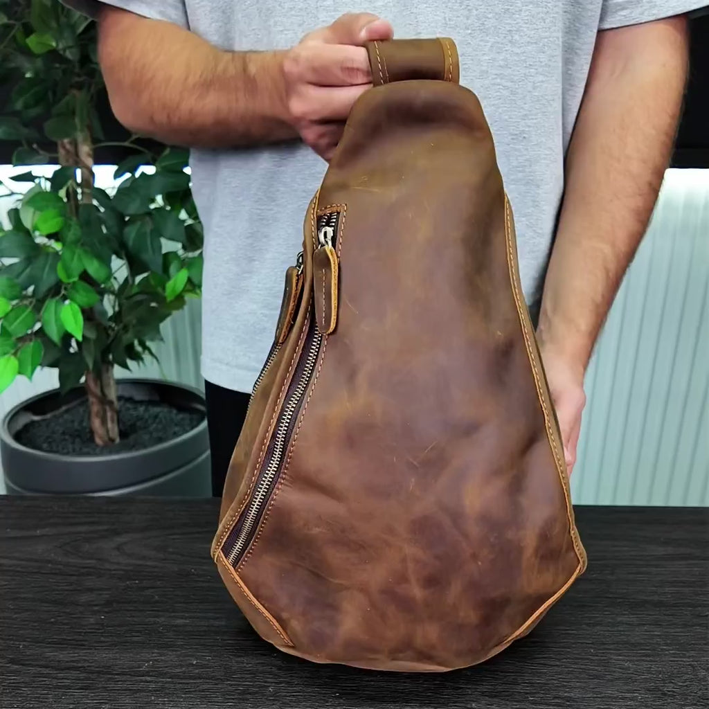 review of brown handmade leather sling bag for men