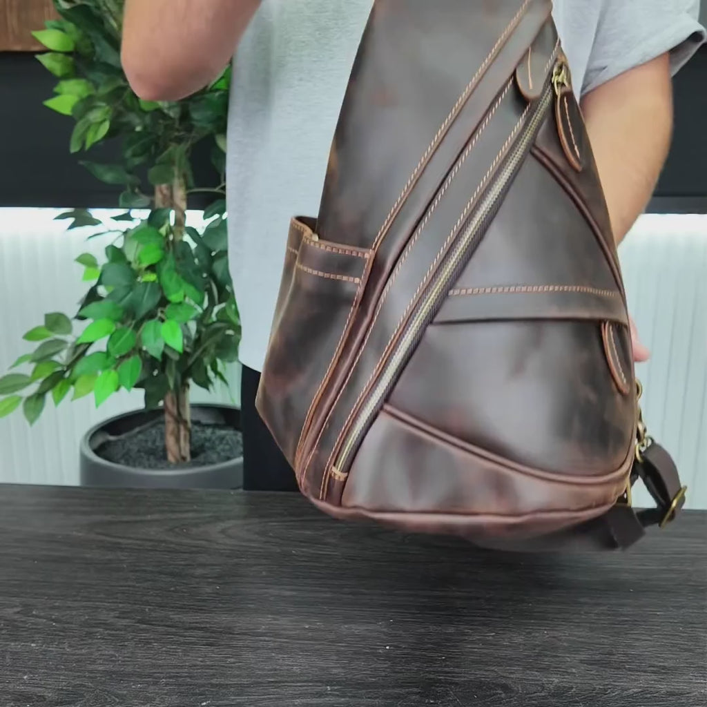 review of gravle dark brown leather sling bag for men