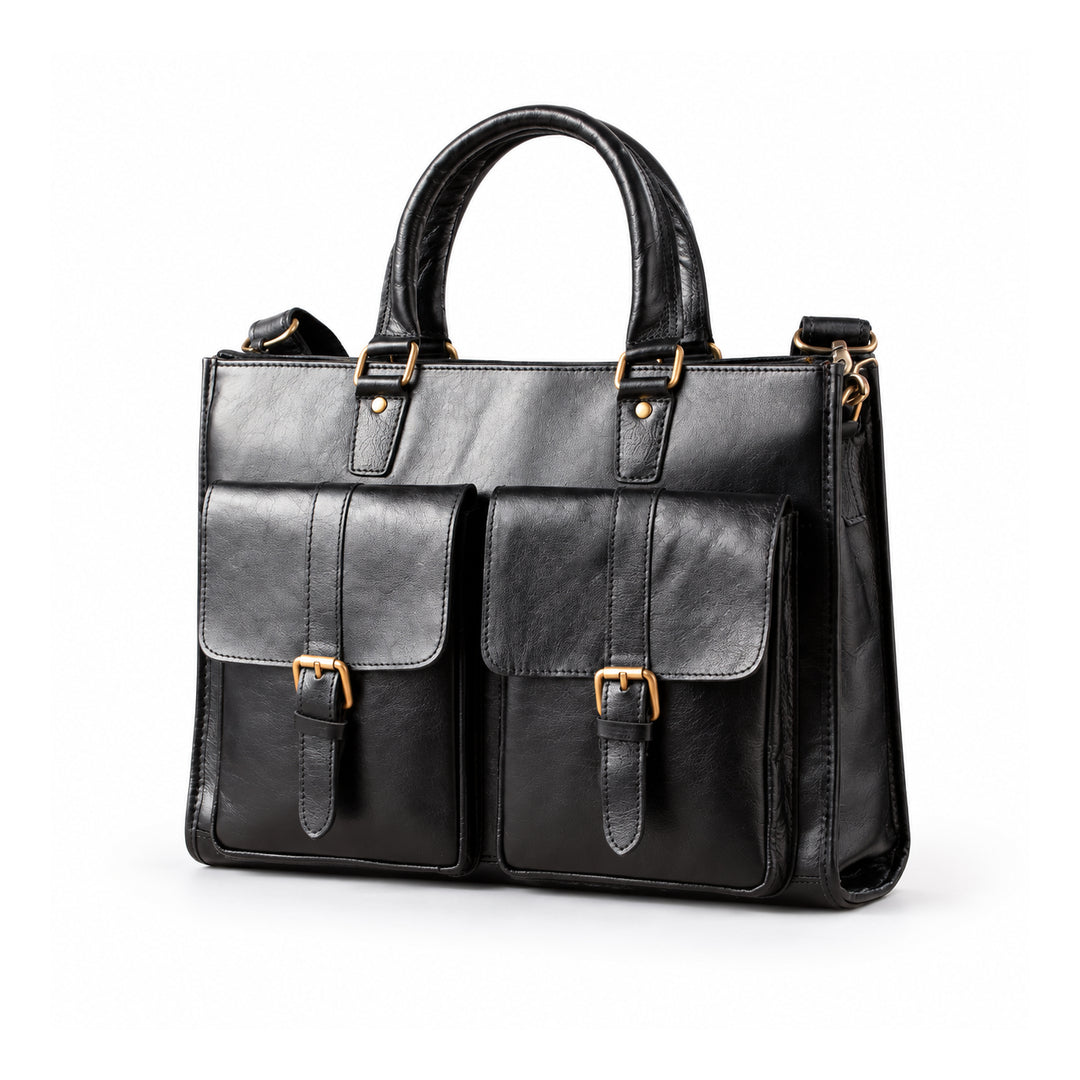 A black leather briefcase with twin buckle flap pockets and rounded handles is shown in a front three-quarter view.