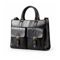 A black leather briefcase with twin buckle flap pockets and rounded handles is shown in a front three-quarter view.