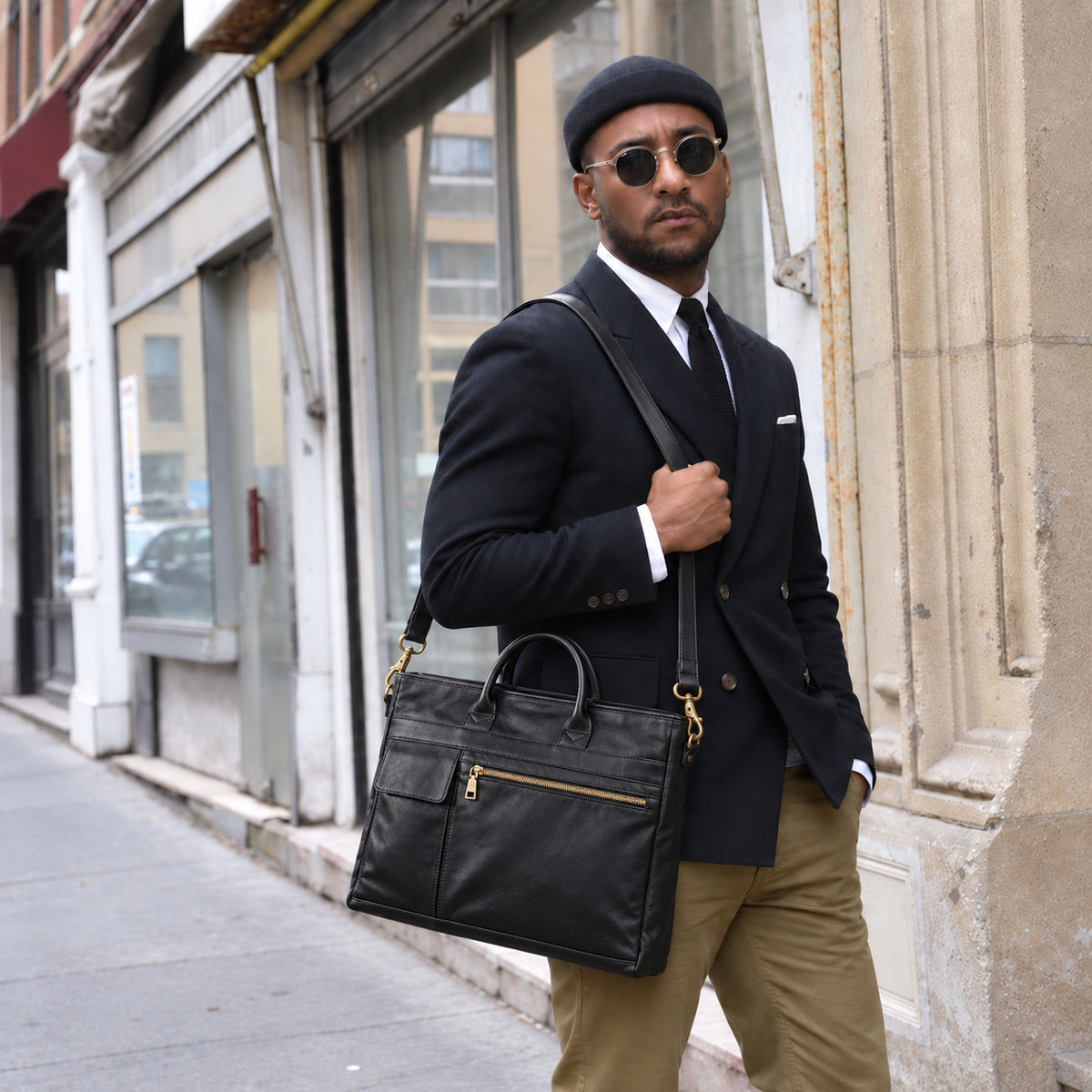 Professional black leather briefcase for men with top handles, adjustable shoulder strap and front zip pocket for business and work