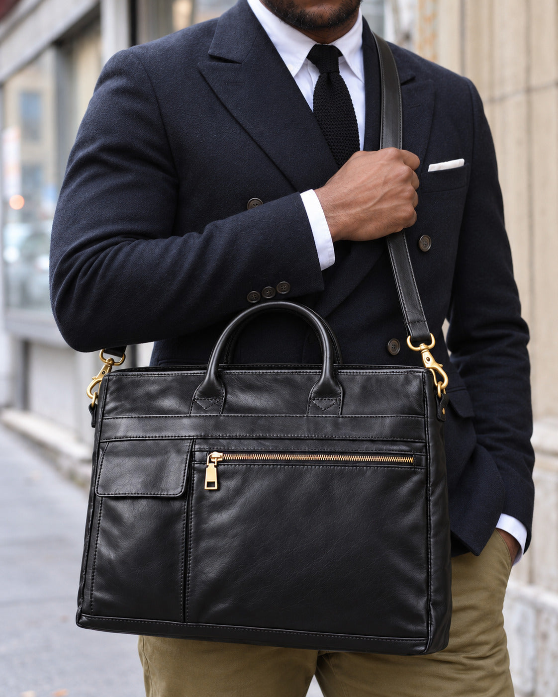 Professional black leather laptop briefcase for men with top handles, front zipper pocket, flap pocket and detachable shoulder strap