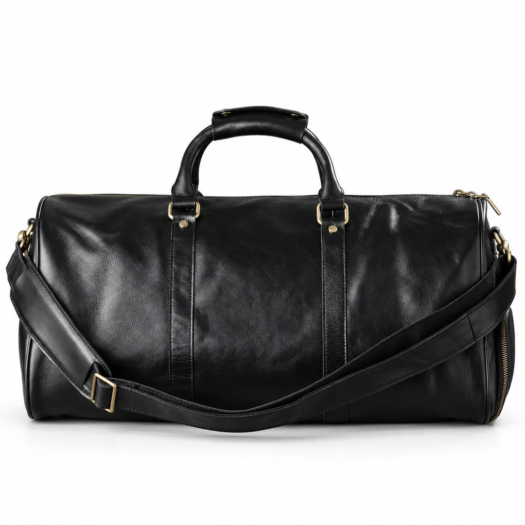 Refined black full-grain leather duffel bag back with an adjustable shoulder strap