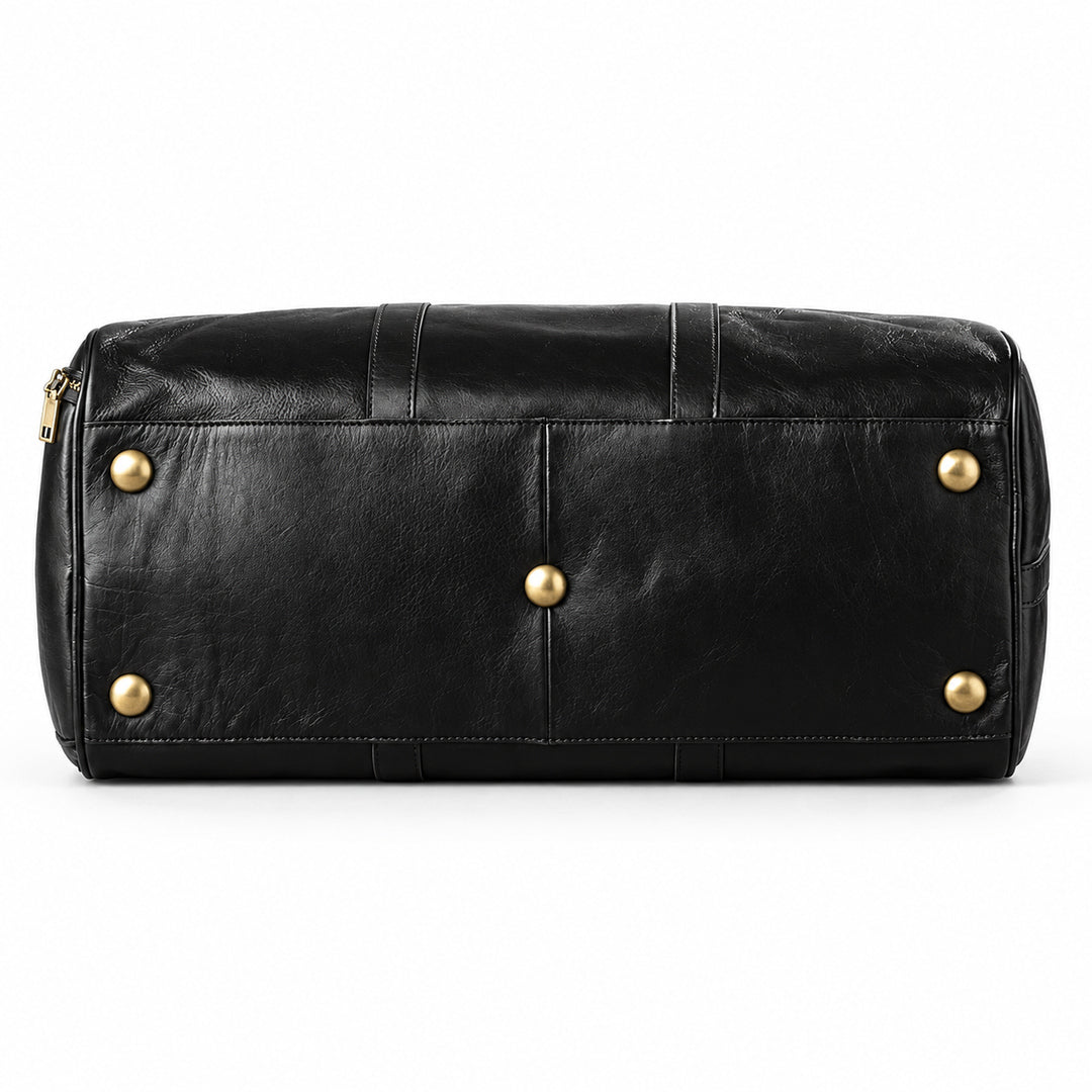 Refined black full-grain leather duffel bag base with five gold-tone protective feet
