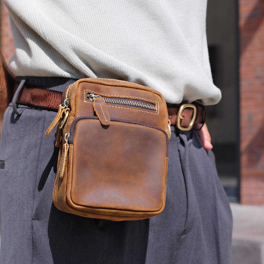 Men's Compact Crossbody Bag - Full-Grain Leather, Brown | Handmade
