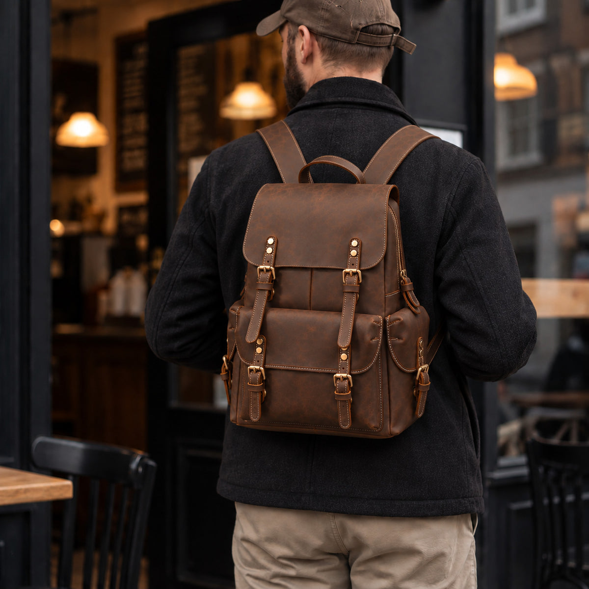 Rugged brown leather backpack for men with buckle straps, large front pocket, side pockets and top carry handle