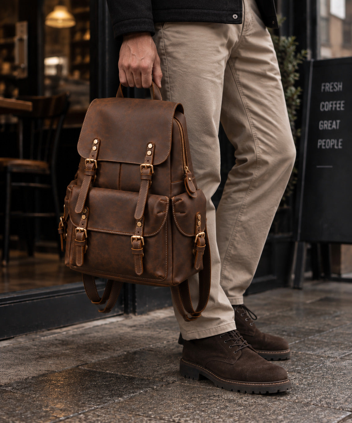 Rugged brown leather backpack for men with multiple exterior pockets, buckle closures and adjustable shoulder straps