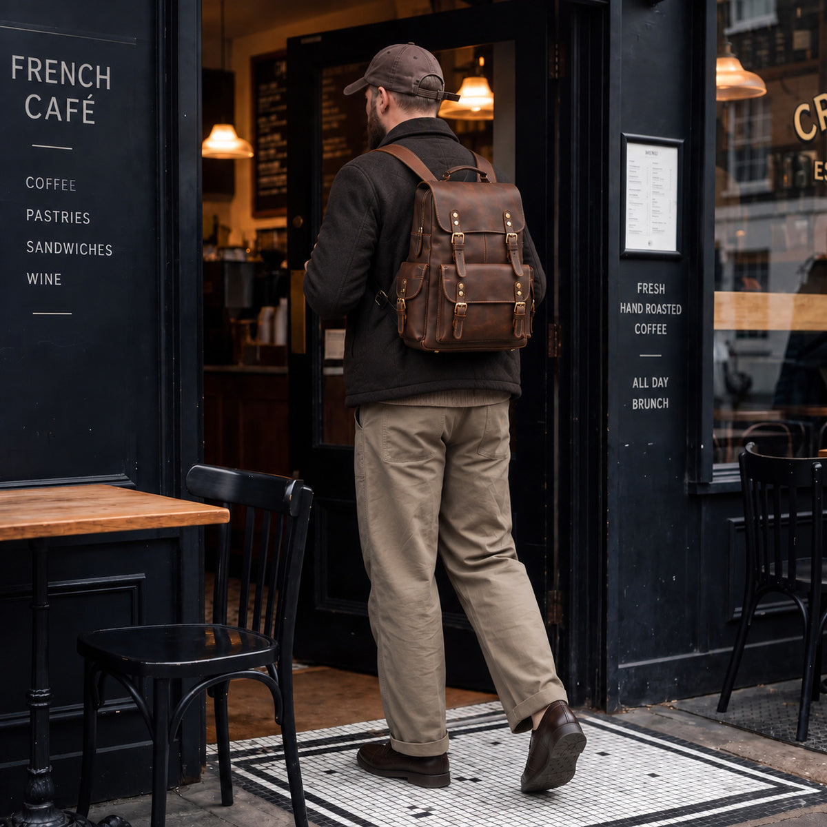 Rugged brown leather rucksack for men with buckle straps, multiple pockets and adjustable shoulder straps for everyday use