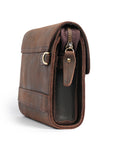 Side view of a dark brown men's leather clutch, showcasing its spacious interior and detailed craftsmanship.

