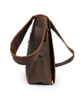 Side view of a premium laptop leather bag showcasing thick leather and high-quality craftsmanship