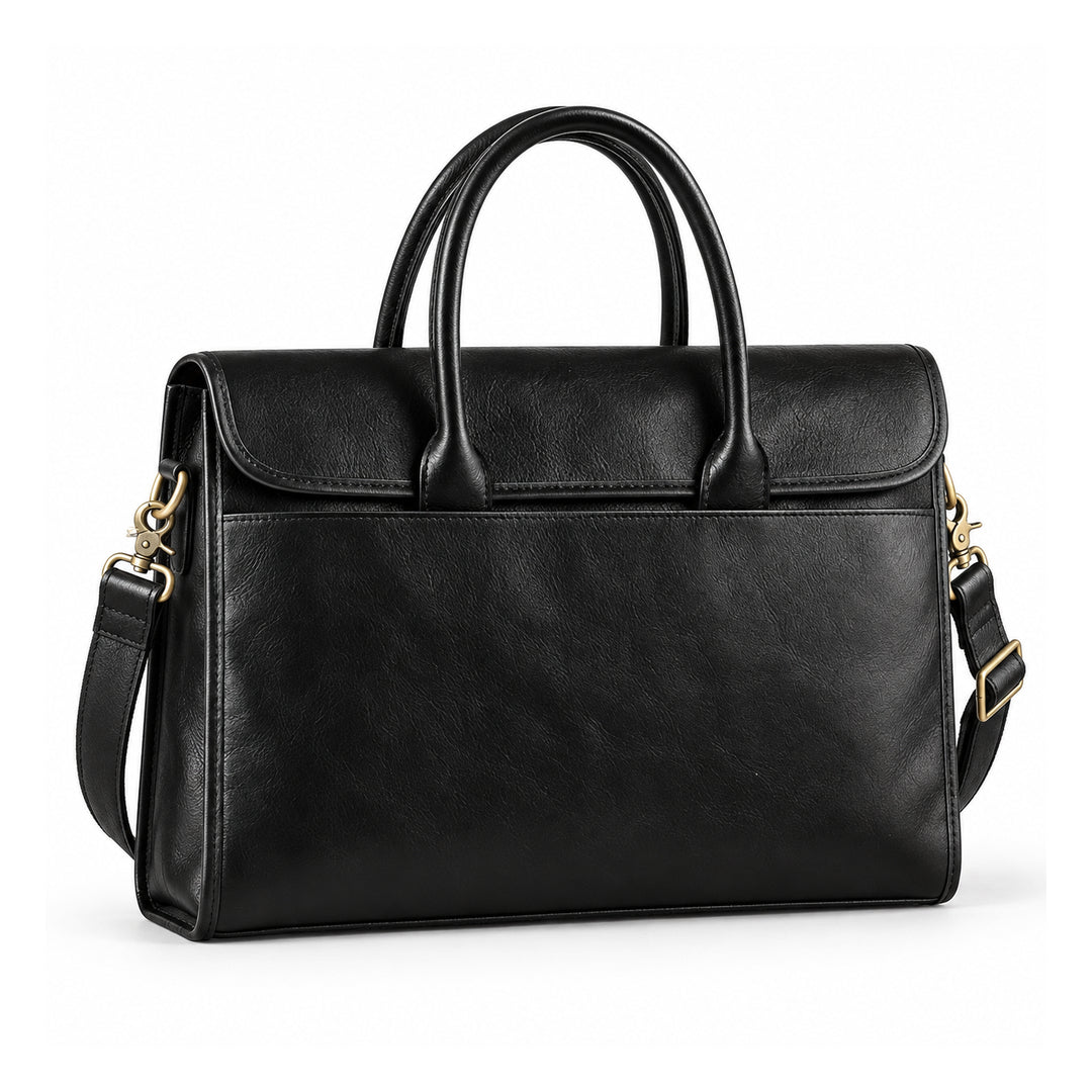 A black full-grain leather briefcase is shown at a slight angle with rolled handles, a rounded flap and a wide front slip pocket.