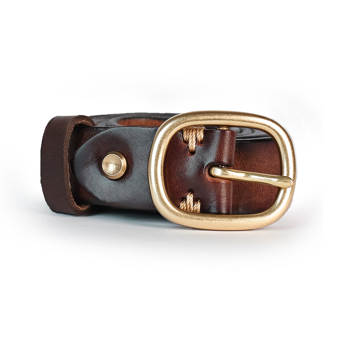 Brown leather belt with a gold buckle on a white background