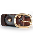 Brown leather belt with a gold buckle on a white background